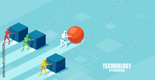 Vector of a smart robot pushing a sphere leading the race against a group of slower robots pushing boxes.