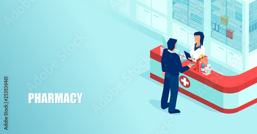 Vector of a pharmacist selling prescription drugs to a patient in drugstore