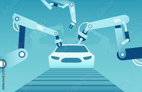 Vector of robotic arms assembling a modern car.