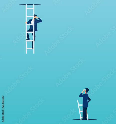 Vector of boss looking down from a top to a employee climbing up from under the floor