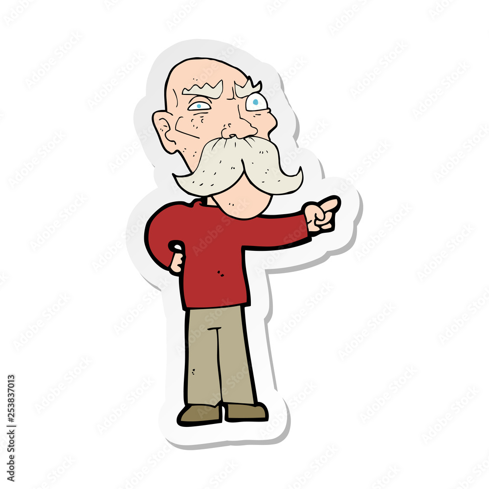 Obraz premium sticker of a cartoon annoyed old man pointing