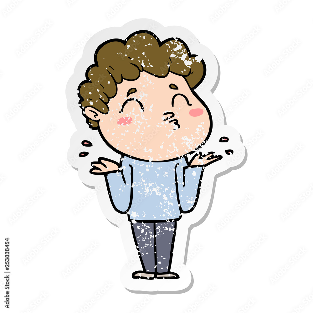 distressed sticker of a cartoon man shrugging distressed sticker of a cartoon man shrugging