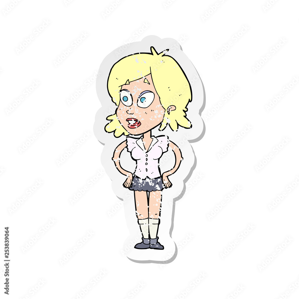 retro distressed sticker of a cartoon woman with hands on hips retro distressed sticker of a cartoon woman with hands on hips