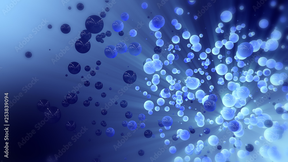 Blue abstract 3d rendering of chaotic spheres and ball. Flying particles in empty space. Dynamic shape. Futuristic background with bokeh, depth of field effect.