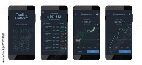 Trading mobile interface for stock exchange. Different screens. Modern violet design. Vector illustration