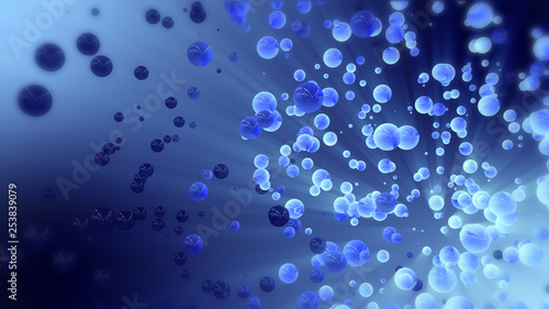 Blue abstract 3d rendering of chaotic spheres and ball. Flying particles in empty space. Dynamic shape. Futuristic background with bokeh  depth of field effect.