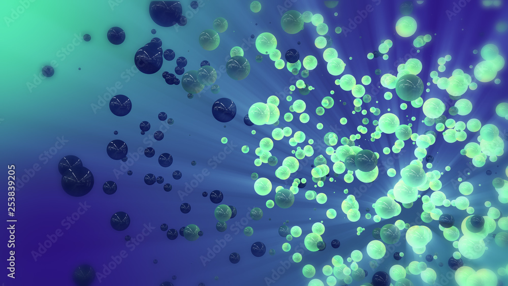 Blue & Green abstract 3d rendering of chaotic spheres and ball. Flying particles in empty space. Dynamic shape. Futuristic background with bokeh, depth of field effect. Blue & Green abstract 3d rendering of chaotic spheres and ball. Flying particles in empty space. Dynamic shape. Futuristic background with bokeh, depth of field effect.