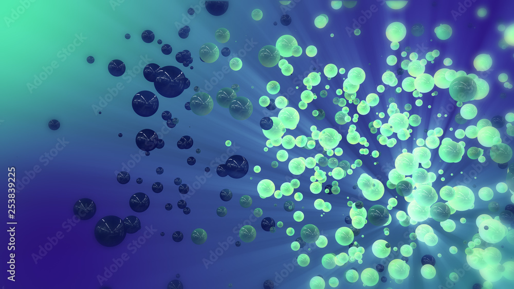 Blue & Green abstract 3d rendering of chaotic spheres and ball. Flying particles in empty space. Dynamic shape. Futuristic background with bokeh, depth of field effect. Blue & Green abstract 3d rendering of chaotic spheres and ball. Flying particles in empty space. Dynamic shape. Futuristic background with bokeh, depth of field effect.