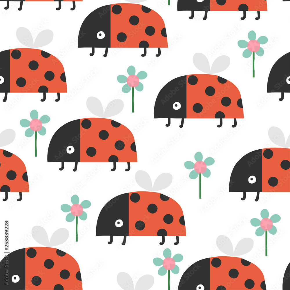 Seamless pattern with funny ladybug and flower. Kids textile print. Vector hand drawn illustration. Seamless pattern with funny ladybug and flower. Kids textile print. Vector hand drawn illustration.