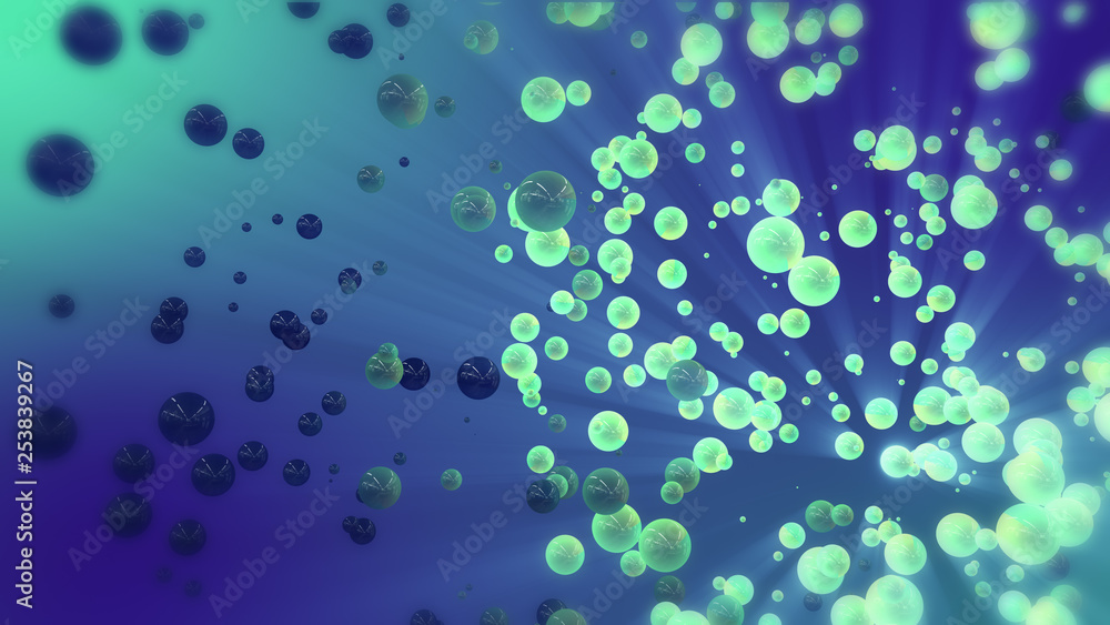Blue & Green abstract 3d rendering of chaotic spheres and ball. Flying particles in empty space. Dynamic shape. Futuristic background with bokeh, depth of field effect.