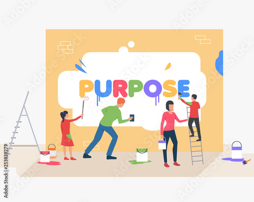People writing word purpose on wall