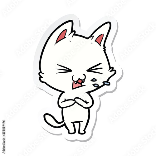 sticker of a cartoon cat hissing