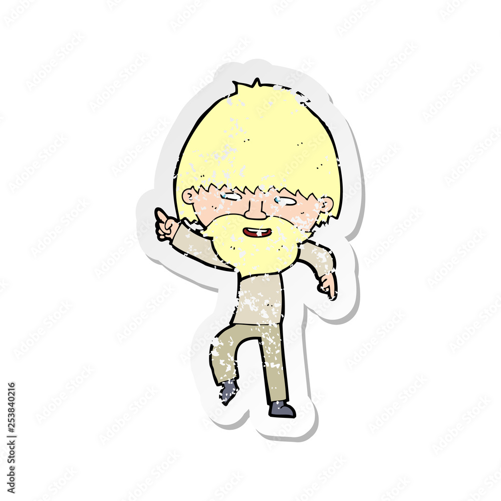 retro distressed sticker of a cartoon bearded man pointing and laughing retro distressed sticker of a cartoon bearded man pointing and laughing