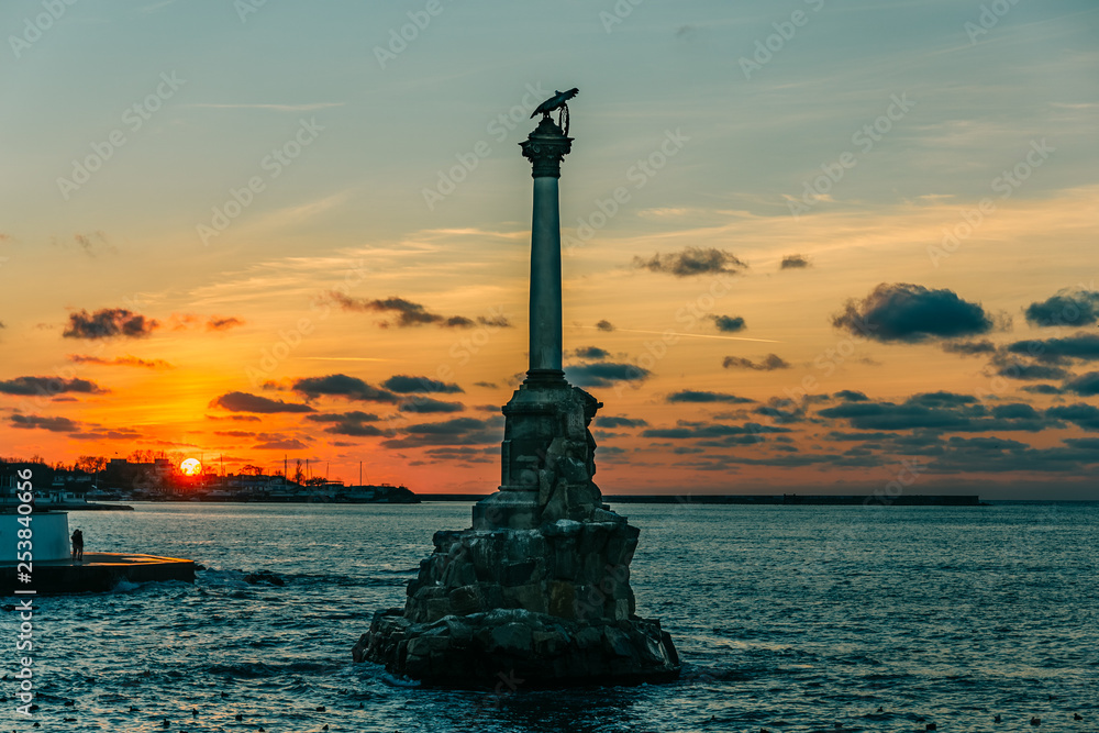 Sevastopol city symbol at sunset - Monument to the Sunken Ships, Famous Sevastopol historic statue memorial