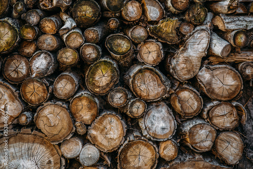 Firewood background. Stack of chopped round woodpile timber firewood material  brown wood texture