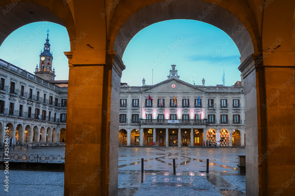 The Plaza Mayor (Main square) of Vitoria- Gasteiz, at Night, Basque Country, Spain