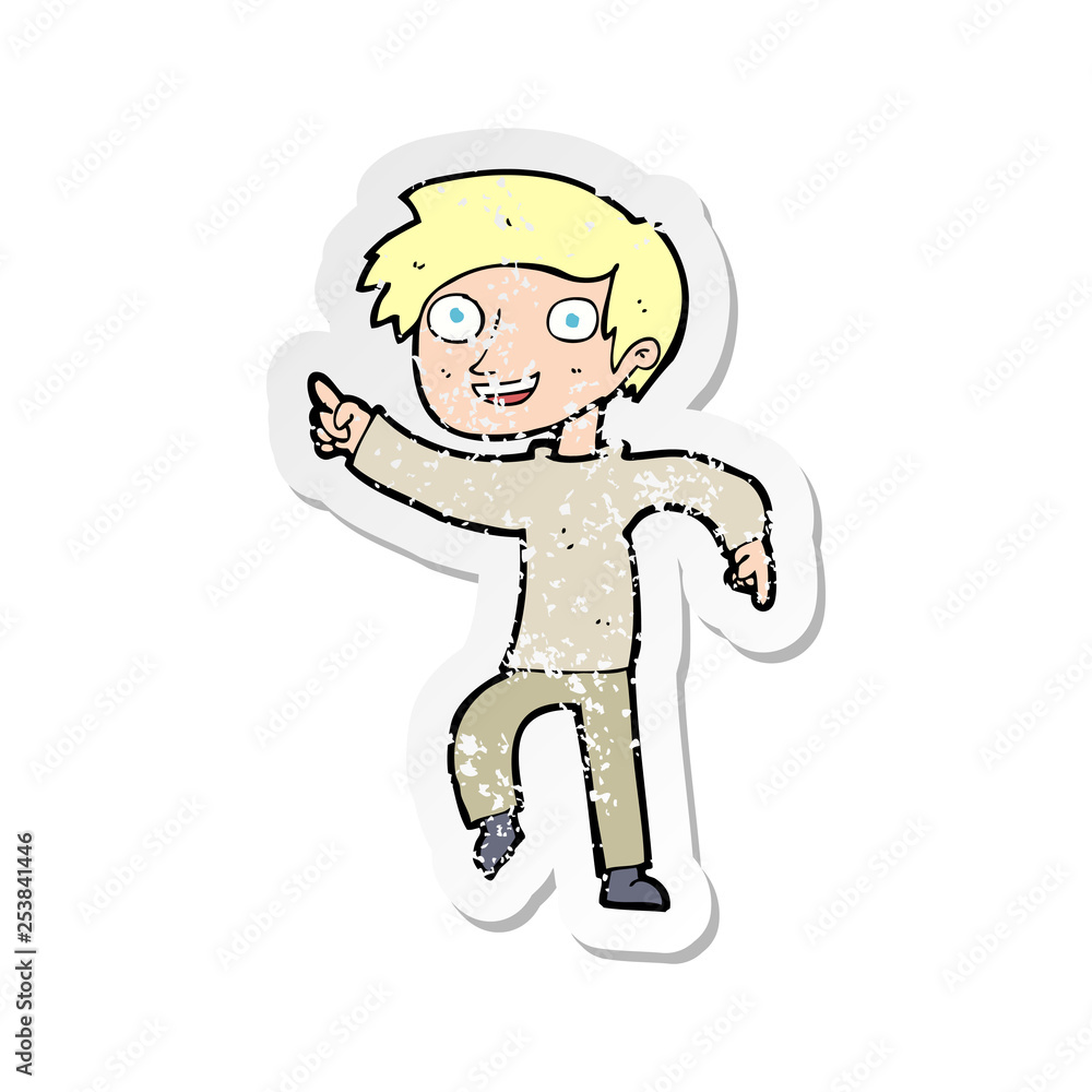 retro distressed sticker of a cartoon happy boy pointing retro distressed sticker of a cartoon happy boy pointing