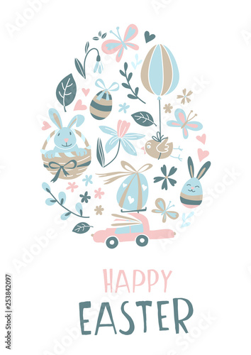 Funny Happy Easter eggs hunt greeting card cartoon style design.