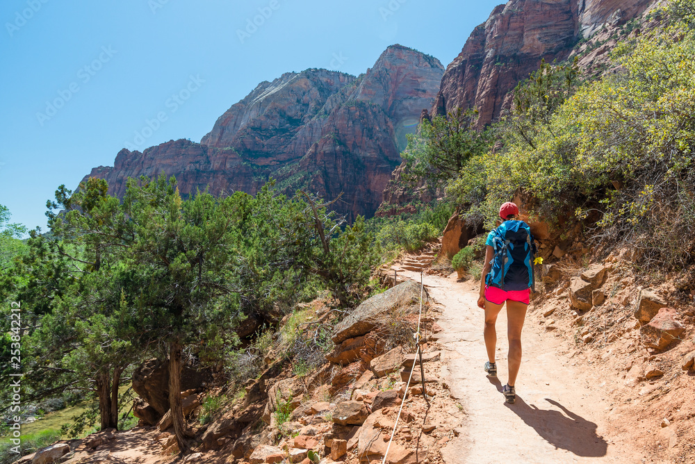 Young woman wearing backpack is trekking to Angel's Landing in Zion National park in Utah, USA. Female on a hiking trail in Zion National Park in Usa. Travel and adventure concept.