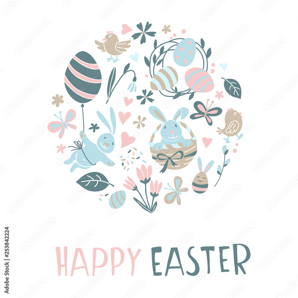 Funny Happy Easter eggs hunt greeting card cartoon style design.