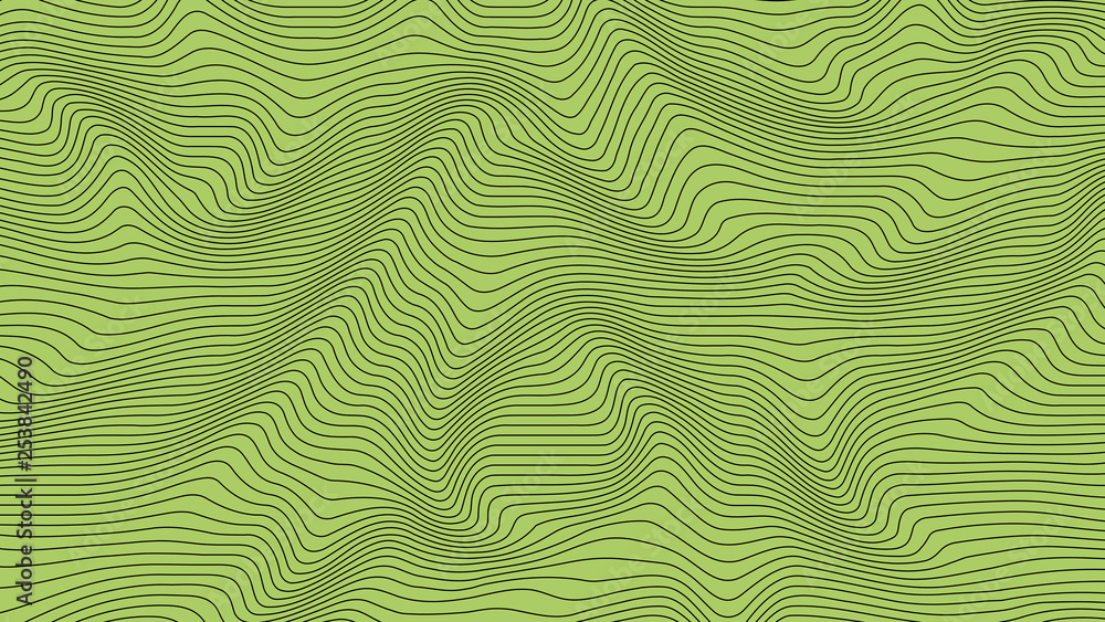 Green colorful curvy geometric lines wave pattern texture on colorful background. Wave Stripe Background. Abstract background with distorted shapes. Illusion of movement, op art pattern. Green colorful curvy geometric lines wave pattern texture on colorful background. Wave Stripe Background. Abstract background with distorted shapes. Illusion of movement, op art pattern.