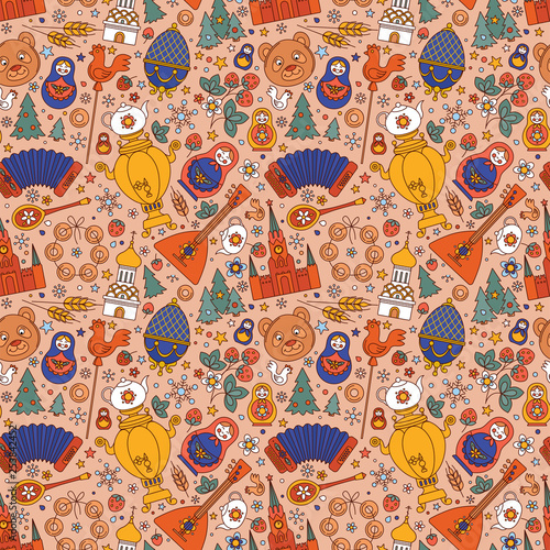 Russian Moscow colored icons seamless background abstract pattern. Vector illustration