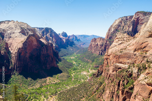 The view from Angel's Landing in Zion National park. View over valley in Zion National park.