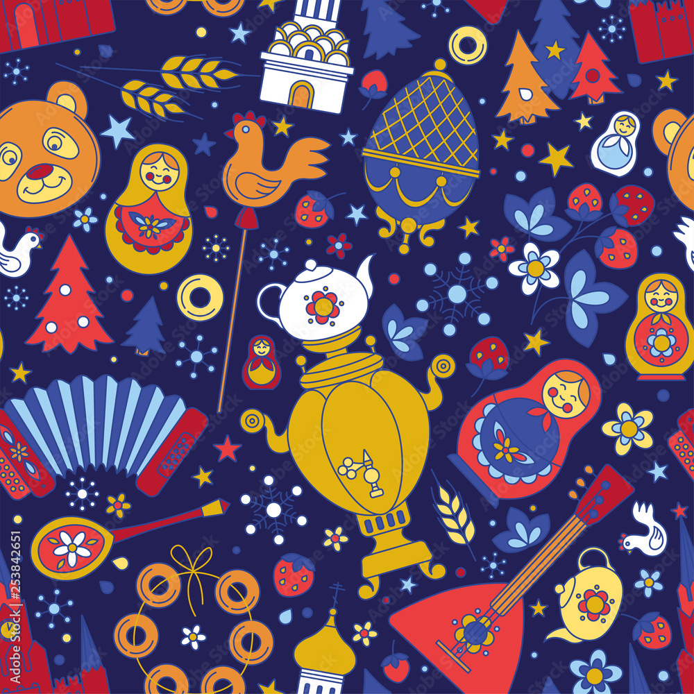 Naklejka premium Russian Moscow colored icons seamless background abstract pattern. Vector illustration