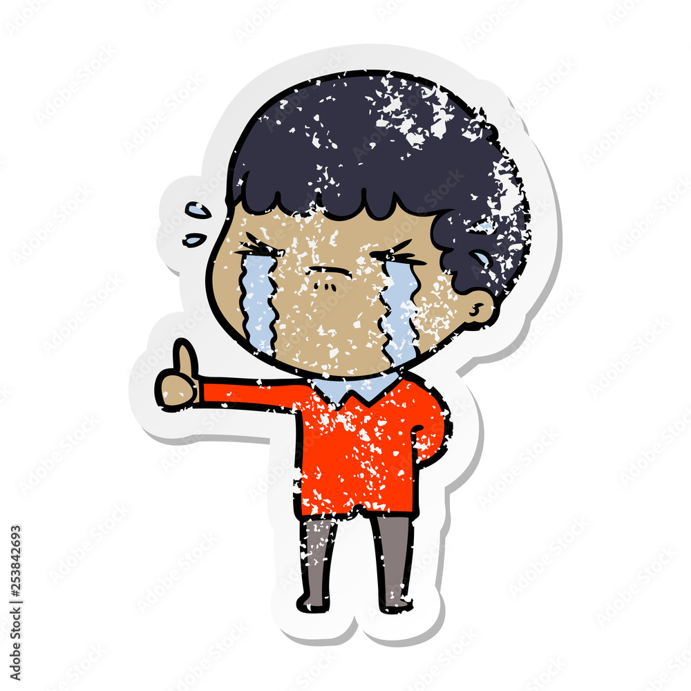 distressed sticker of a cartoon man crying distressed sticker of a cartoon man crying