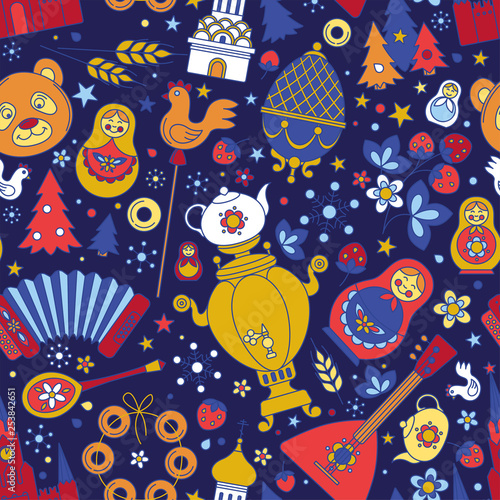 Russian Moscow colored icons seamless background abstract pattern. Vector illustration