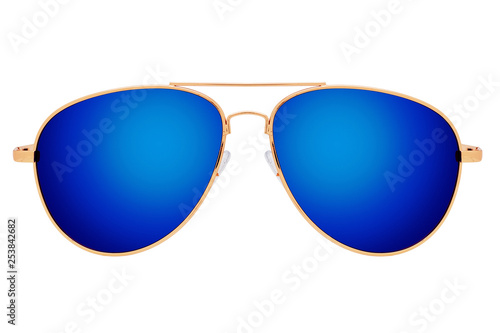 Sunglasses with gold frame and blue lens isolated on white background