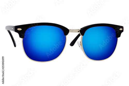 Sunglasses with blue lens isolated on white background