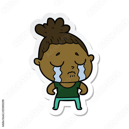 sticker of a cartoon tough woman crying