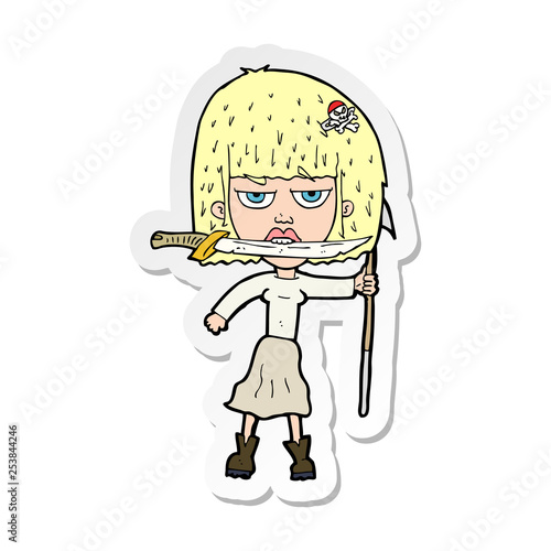 sticker of a cartoon woman with knife and harpoon