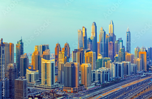 Amazing rooftop view on Dubai Marina skyscrapers and Sheikh Zayed road, Dubai, United Arab Emirates