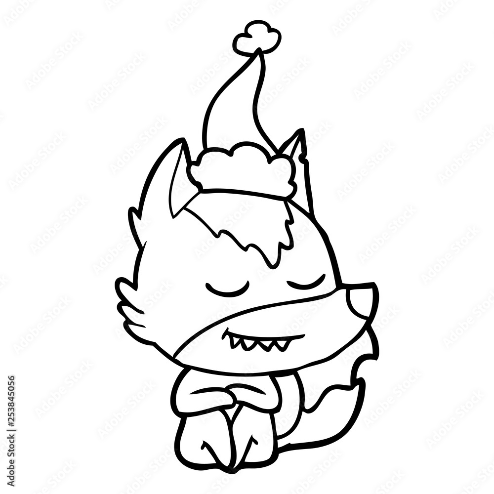 friendly line drawing of a wolf sitting wearing santa hat friendly line drawing of a wolf sitting wearing santa hat