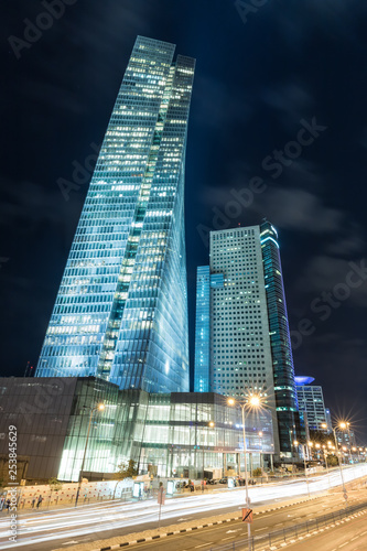 TEL AVIV  ISRAEL-February 24  2019  The skyscrapers of Azrieli Center at night by Moore Yaski Sivan Architects of Israel.
