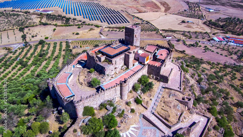 Spain. Historical village of  Alconchel. Extremadura. Aerial view by Drone