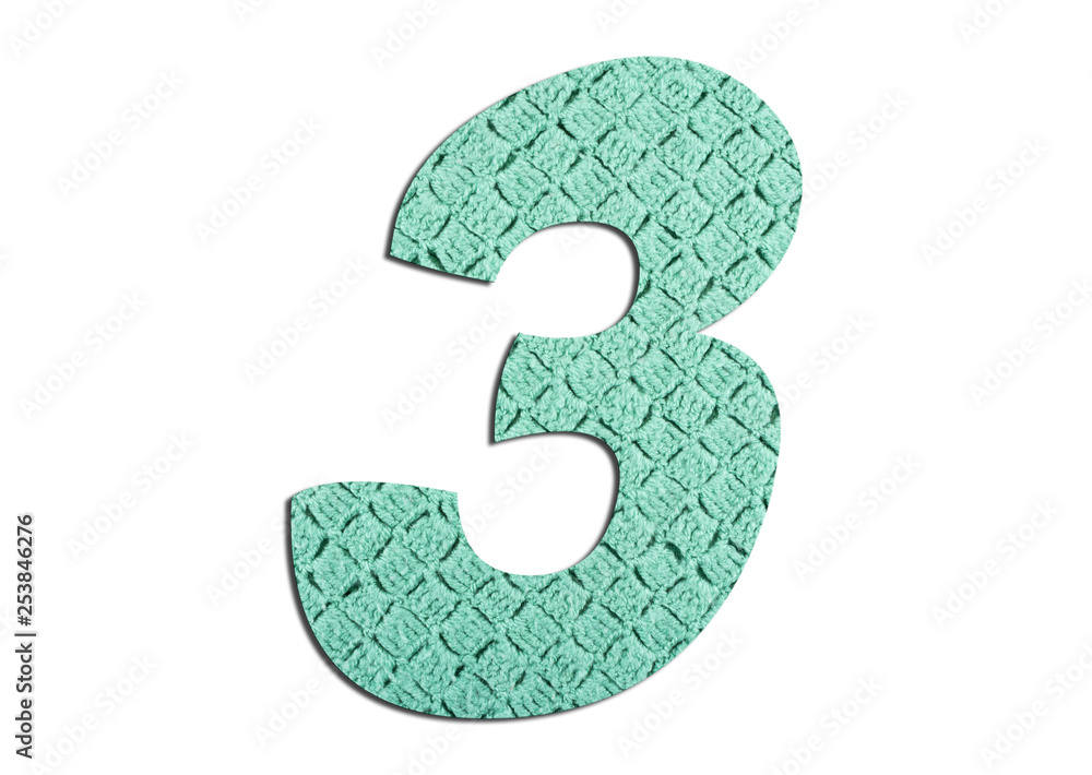 Number 3 with hand knitted texture on white background Number 3 with hand knitted texture on white background