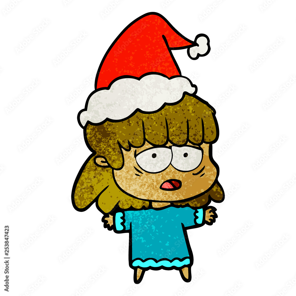 textured cartoon of a tired woman wearing santa hat textured cartoon of a tired woman wearing santa hat
