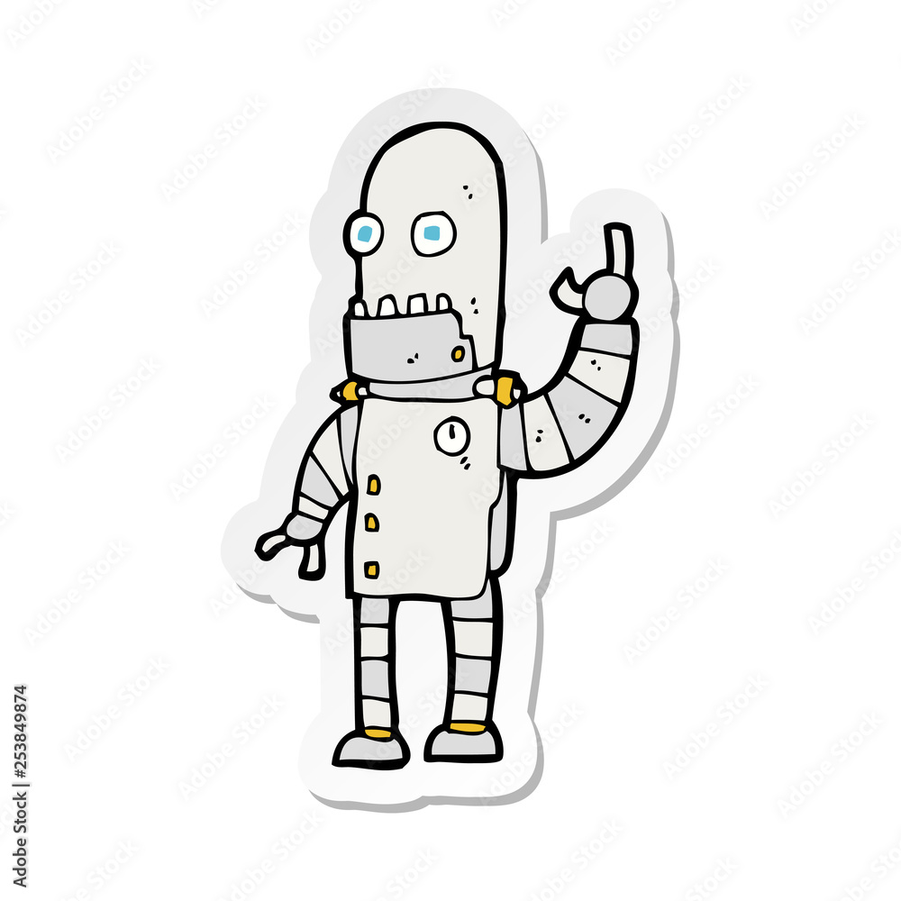 sticker of a cartoon waving robot sticker of a cartoon waving robot