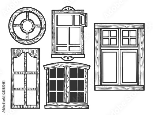 House wooden old windows sketch engraving vector illustration. Scratch board style imitation. Black and white hand drawn image.