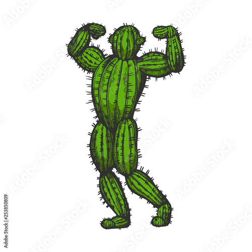 Cactus man posing color sketch engraving vector illustration. Scratch board style imitation. Black and white hand drawn image. photo