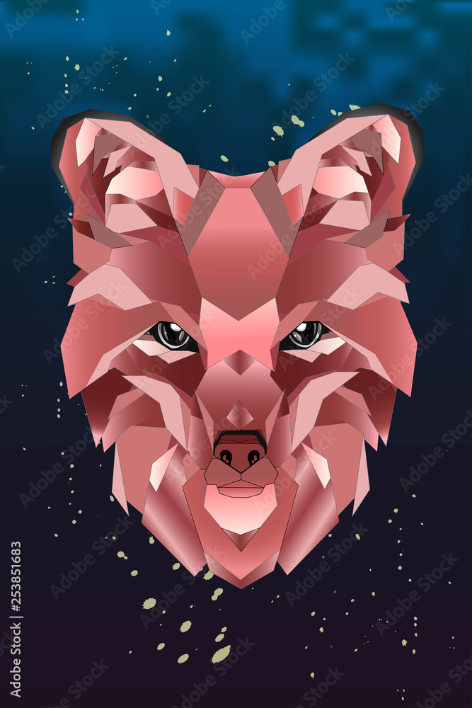 Fototapeta premium Abstract linear polygonal head of a fox on dark background. Gradient geometric animal red color. Vector illustration