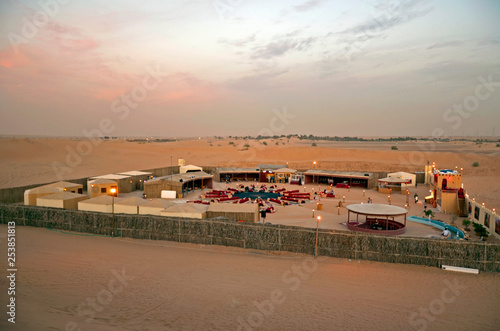Photography Sunset Bedouin camp after the traditional desert safaris in Dubai, United Arab E