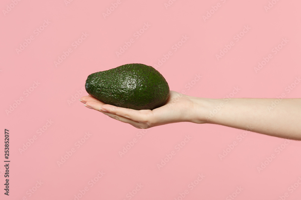 Close up cropped photo of female hold in hand fresh ripe green avocado fruit isolated on pink pastel wall background. Copy space advertising mock up. People vivid lifestyle, relax vacation concept. - obrazy, fototapety, plakaty 