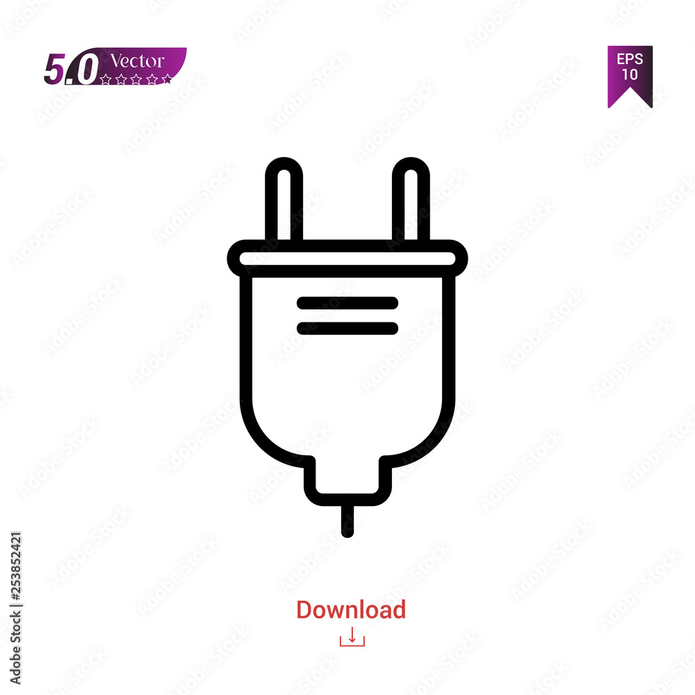 Outline plug icon isolated on white background. Popular icons for 2019 year. Line pictogram. Graphic design, mobile application, logo, user interface. EPS 10 format vector Outline plug icon isolated on white background. Popular icons for 2019 year. Line pictogram. Graphic design, mobile application, logo, user interface. EPS 10 format vector