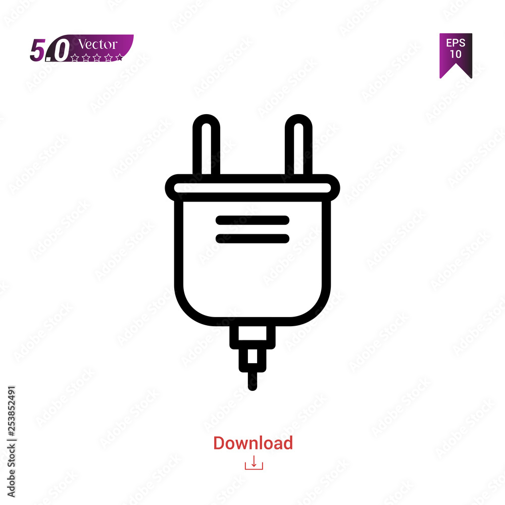 Outline plug icon isolated on white background. Popular icons for 2019 year. Line pictogram. Graphic design, mobile application, logo, user interface. EPS 10 format vector Outline plug icon isolated on white background. Popular icons for 2019 year. Line pictogram. Graphic design, mobile application, logo, user interface. EPS 10 format vector