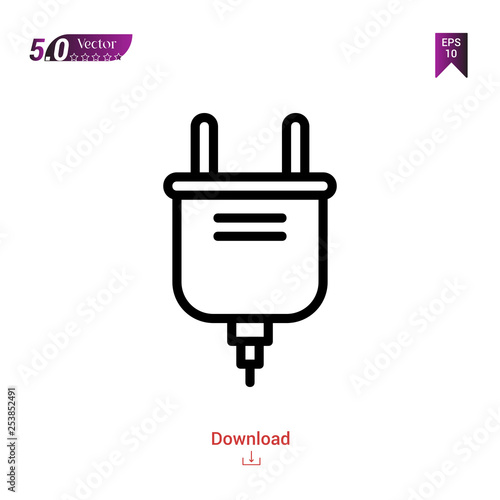 Outline plug icon isolated on white background. Popular icons for 2019 year. Line pictogram. Graphic design, mobile application, logo, user interface. EPS 10 format vector