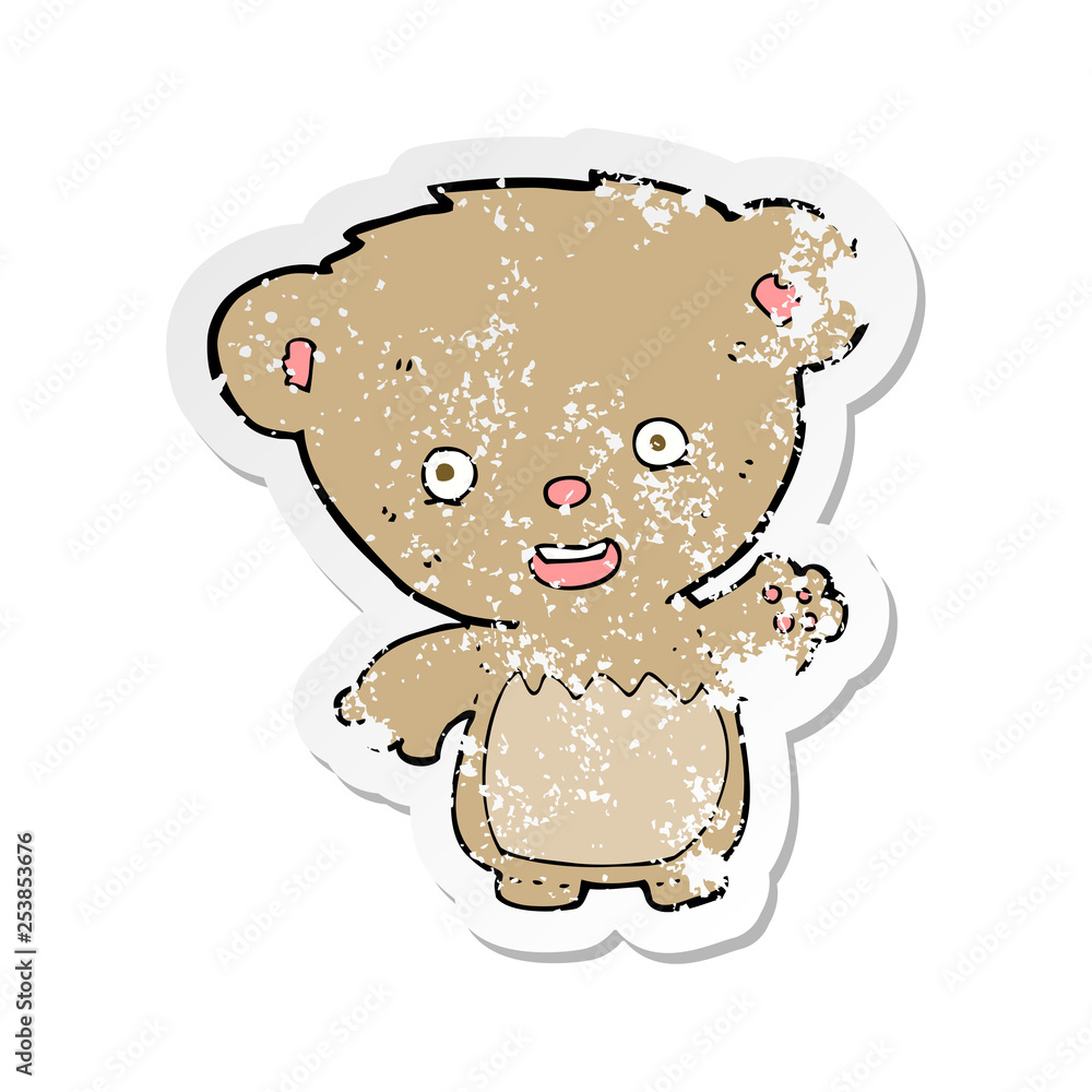 retro distressed sticker of a cartoon teddy bear waving retro distressed sticker of a cartoon teddy bear waving